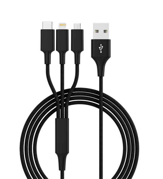 3in1 USB smartes Ladekabel - Lightning - Micro USB - USB-C in schwarz