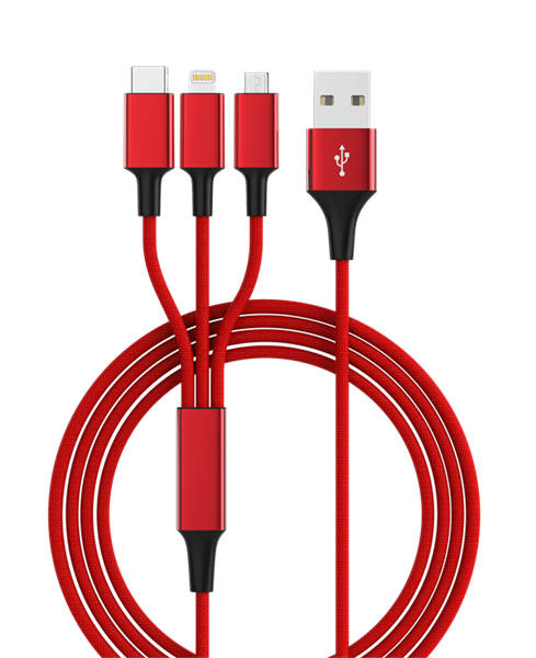 3in1 USB smartes Ladekabel - Lightning - Micro USB - USB-C in rot