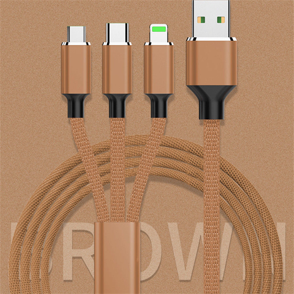 3in1 USB Ladekabel - Lightning - Micro USB - USB-C in braun